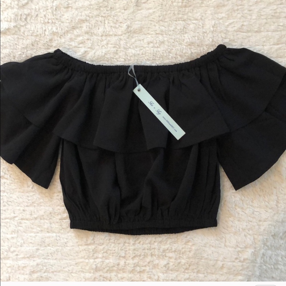 She and Sky Cropped Ruffle off the Shoulder Blouse